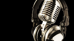 gray stainless steel microphone condenser and headphones, microphone, headphones