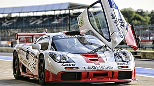 white and red race sports coupe, McLaren F1, car