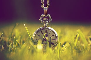 selective focus photography of silver-colored pocket watch on green grasses