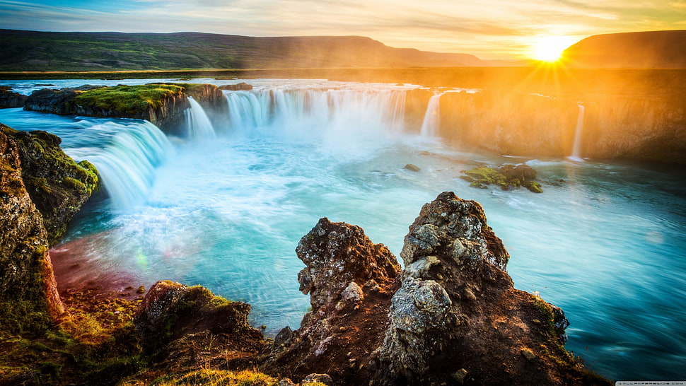 plunge waterfalls under golden hour, nature, landscape, sunset, waterfall HD wallpaper