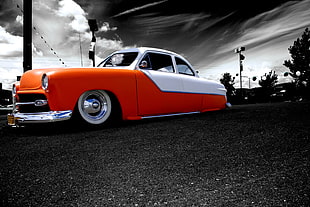 white and orange coupe on road, car, classic car, vehicle, selective coloring
