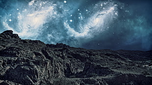 gray cliff, galaxy, stars HD wallpaper