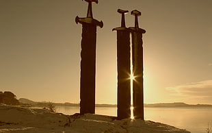 three black pipes, architecture, ancient, sword, sky HD wallpaper