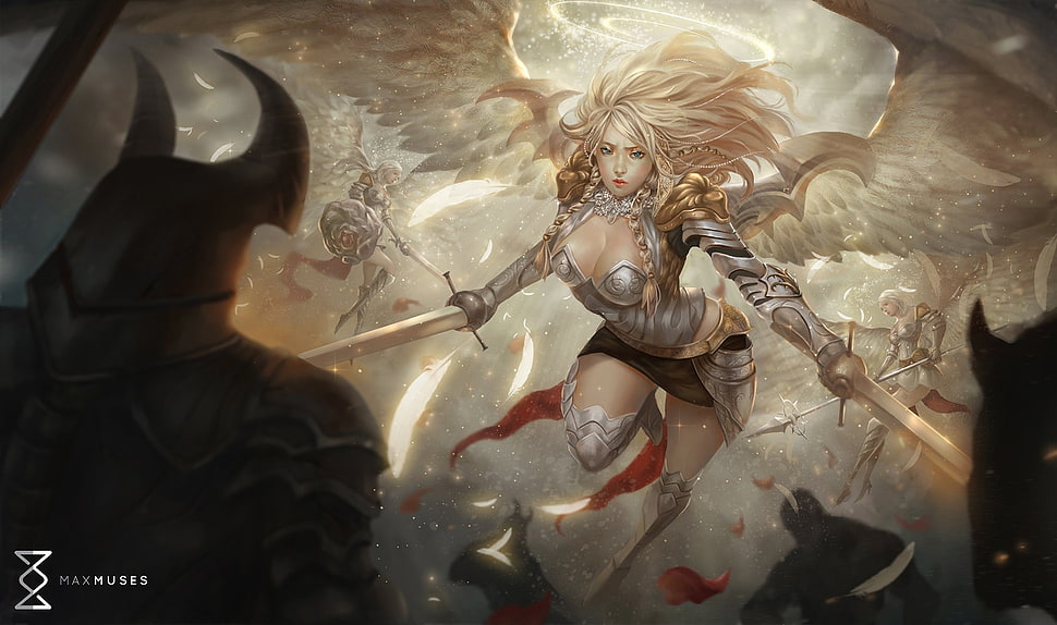 angel with sword illustration, fantasy art, angel, cleavage HD wallpaper