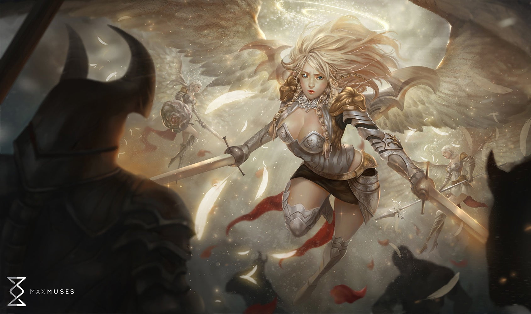 angel with sword illustration, fantasy art, angel, cleavage