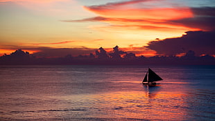 black sailboat, nature, boat, yacht, sunset HD wallpaper