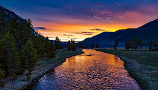 body water of river in front of mountain during sunset HD wallpaper