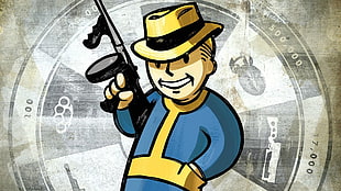 person holding gun logo, video games, Fallout, tommy gun, Pip-Boy HD wallpaper