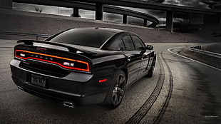 black sedan, Dodge Charger, Dodge, black cars, road HD wallpaper