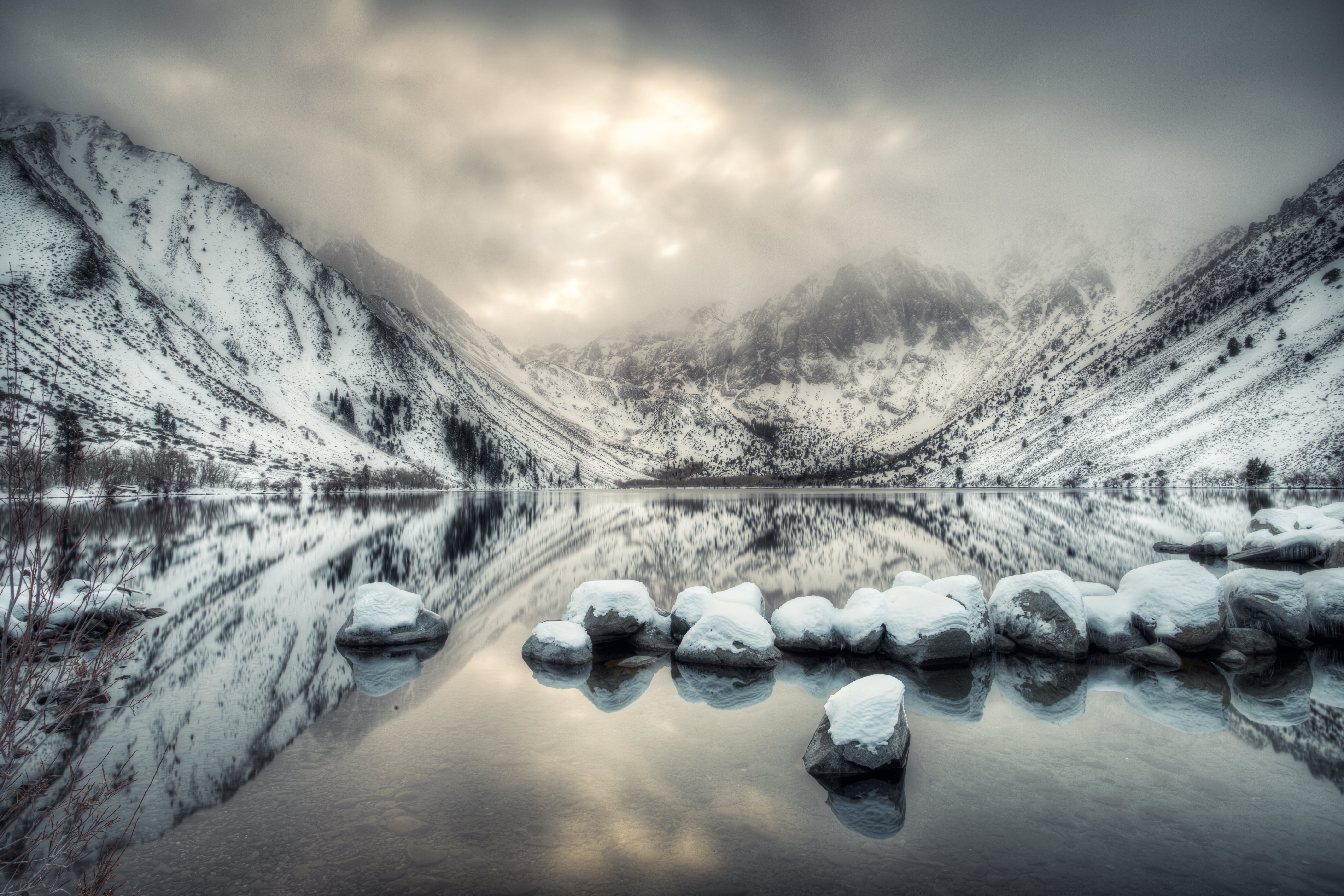 reflection landscape photography of mountain with snow, convict lake