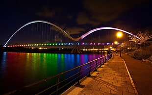 multicolored concrete bridge, rainbows, colorful, river, bridge HD wallpaper