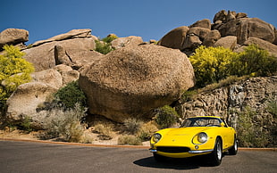 classic yellow coupe, car, rock, Ferrari, yellow cars