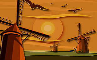 three brown windmills illustration