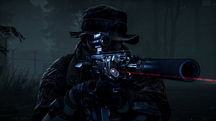 man holding rifle wallpaper, gun, night, camouflage, weapon HD wallpaper