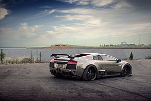 gray Lamborghini Aventador parked near body of water