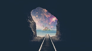 artwork, tunnel, railway, island HD wallpaper