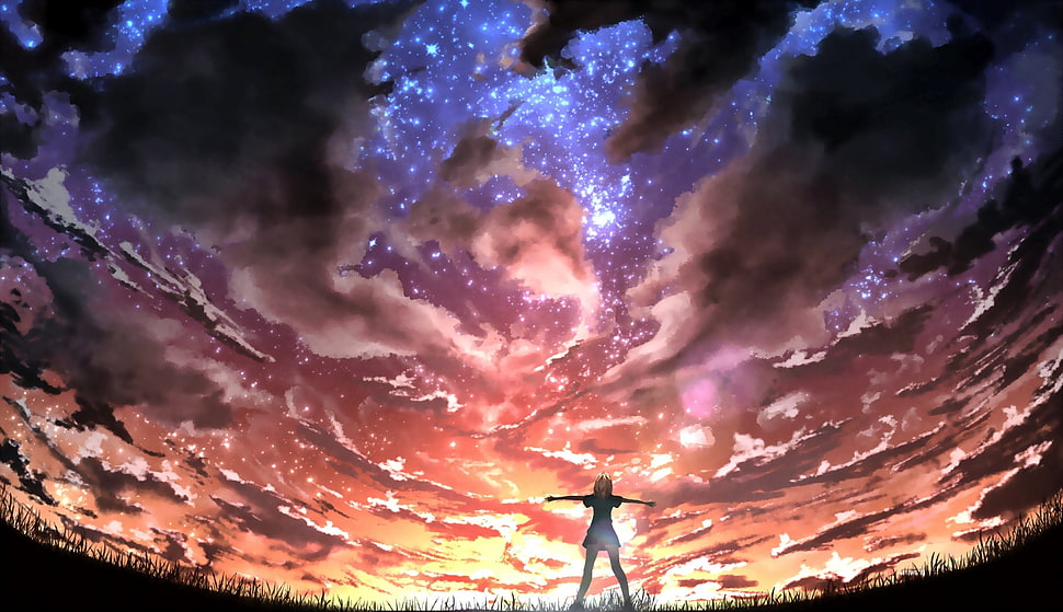 female anime character digital wallpaper, clouds, stars HD wallpaper