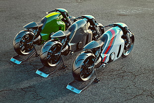 three assorted-color sports bike