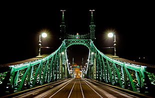 green bridge during night time HD wallpaper