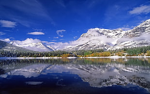 mountain with snow mirrored in lake HD wallpaper