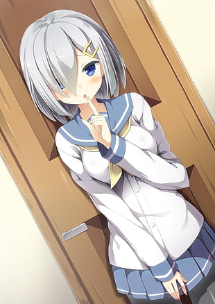gray haired female anime character wallpaper, Hamakaze (KanColle) , Kantai Collection, pantyhose, school uniform