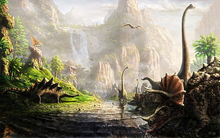 dinosaurs near mountain painting, dinosaurs, fantasy art, Triceratops, river HD wallpaper