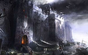 gray castle illustration, fantasy art, digital art, castle, medieval