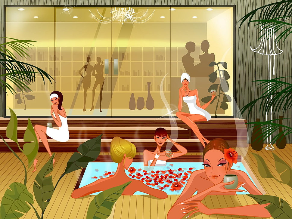 women in spa illustration HD wallpaper