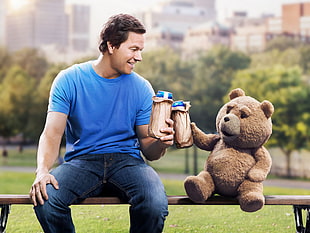 Ted near man wearing blue t-shirt