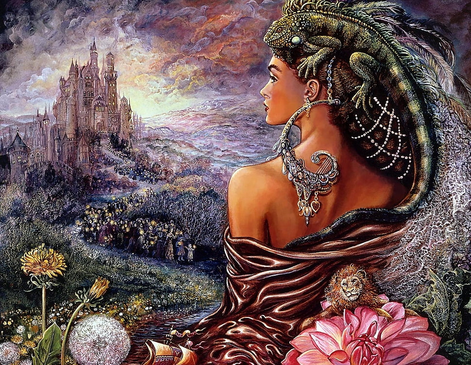 woman with green bearded dragon on head looking at castle on mountain painting HD wallpaper