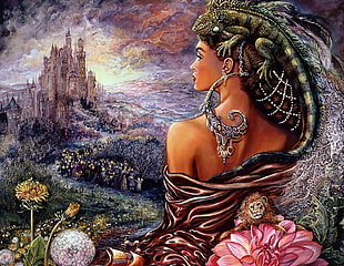 woman with green bearded dragon on head looking at castle on mountain painting