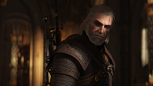 fictional character armored man digital wallpaper, video games, Geralt of Rivia, white hair, men HD wallpaper