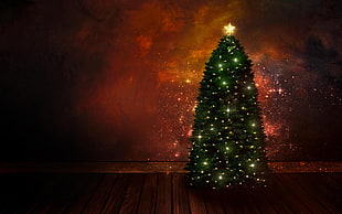 lighted green Christmas tree HD wallpaper