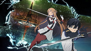 girl and boy holding swords digital wallpaper, anime, Sword Art Online, Yuuki Asuna, landscape
