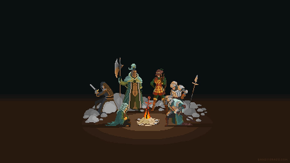 bonfire between Warriors art, Dark Souls II, Dark Souls, Gentleman, pixel art HD wallpaper