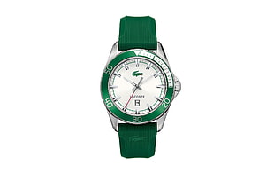 round green and silver-colored Lacoste analog watch with green leather strap