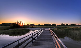 brown wooden bridge near lake during sunset HD wallpaper