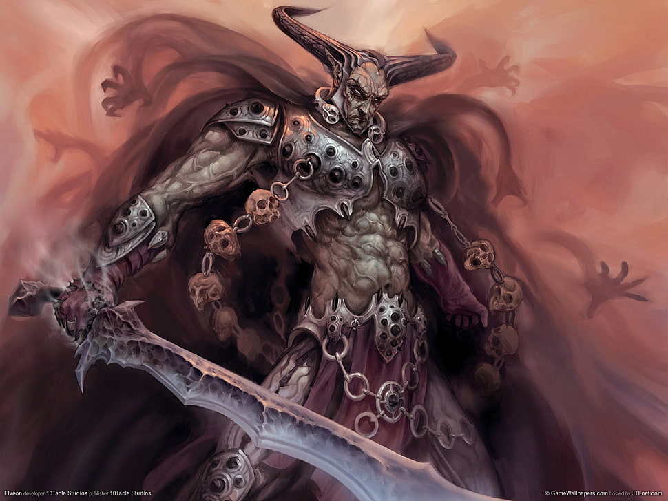beige monster with two horns and sword digital poster HD wallpaper