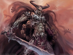 beige monster with two horns and sword digital poster