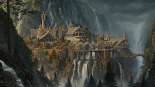 gray house between mountain illustration, fantasy art, waterfall, Rivendell, The Lord of the Rings