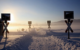 black road signage lot, winter, snow, Sun, sky