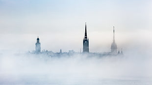 black castle, city, mist
