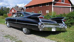 black metallic coupe near brown wooden house