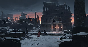 game digital wallpaper, ruins, soldier, spear, snow