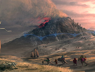 people standing near volcano digital wallpaper, The Elder Scrolls III: Morrowind, video games, The Elder Scrolls