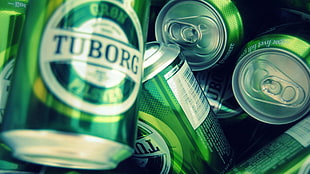 green Tuborg labeled can lot, beer, Tuborg, Danish, alcohol