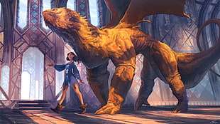 yellow and brown dragon illustration, fantasy art, digital art, Thomas Chamberlain - Keen, dragon