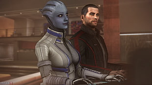 two game characters digital wallpaper, Mass Effect, Liara T'Soni, Commander Shepard, video games