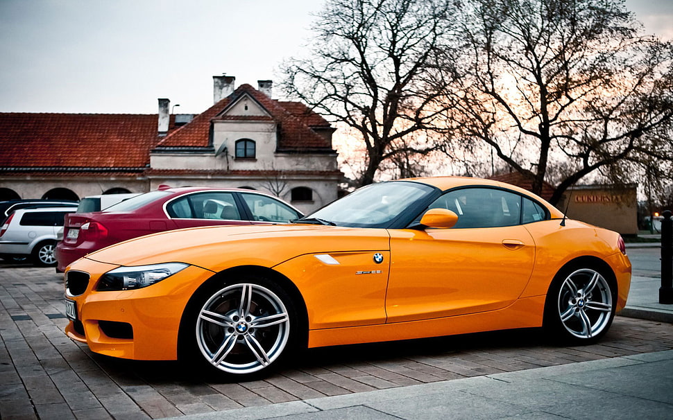 orange BMW coupe, car, house, trees, fall HD wallpaper