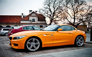 orange BMW coupe, car, house, trees, fall